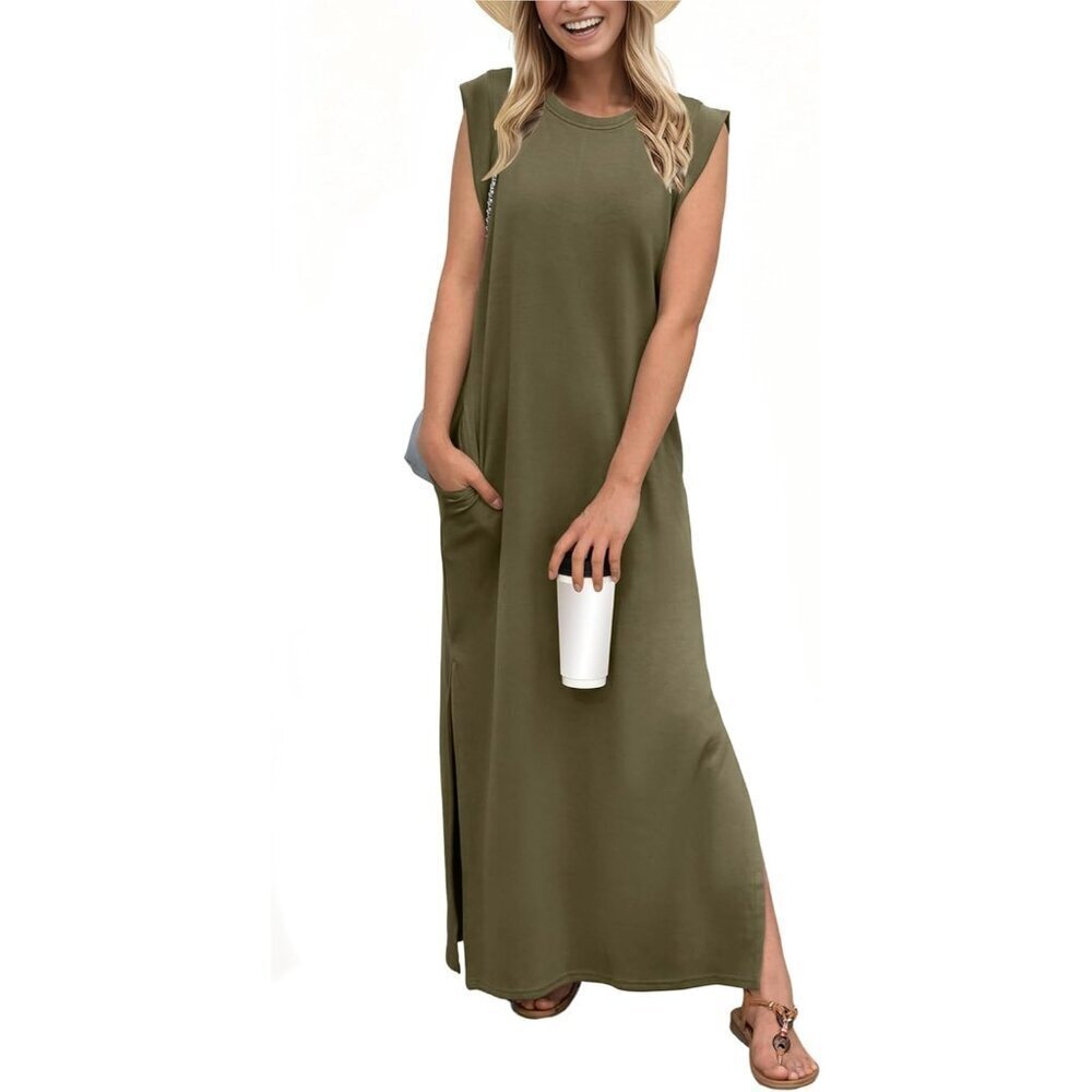 Grecerelle Women Army Green Round Neck Loose Split Wrinkle-Free Long Maxi Dress
